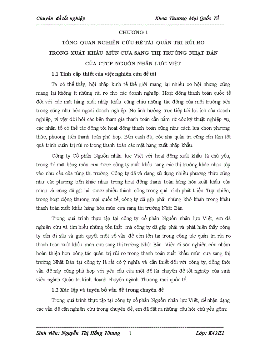 Quản trị rủi ro trong xuất khẩu mùn cưa sang thị trường nhật bản của ctcp nguồn nhân lực việt