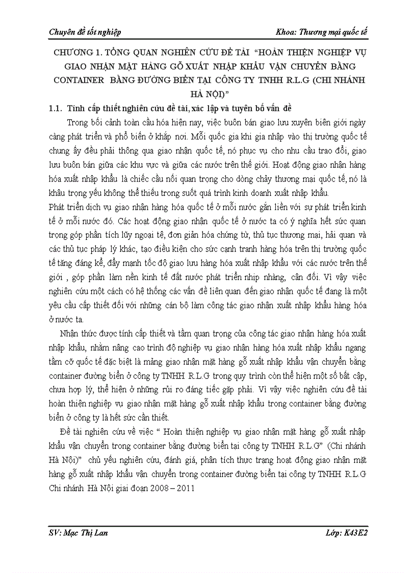 Hoàn thiện nghiệp vụ giao nhận mặt hàng gỗ xuất nhập khẩu vận chuyển bằng container bằng đường biển tại công ty tnhh r l g chi nhánh hà nội