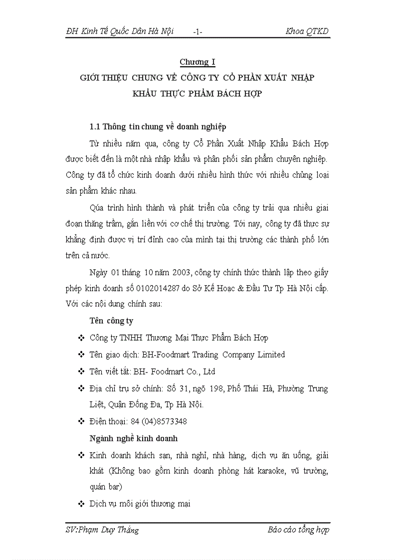 Báo cáo tổng hợp về công ty cổ phần xuất nhập khẩu thực phẩm bách hợp
