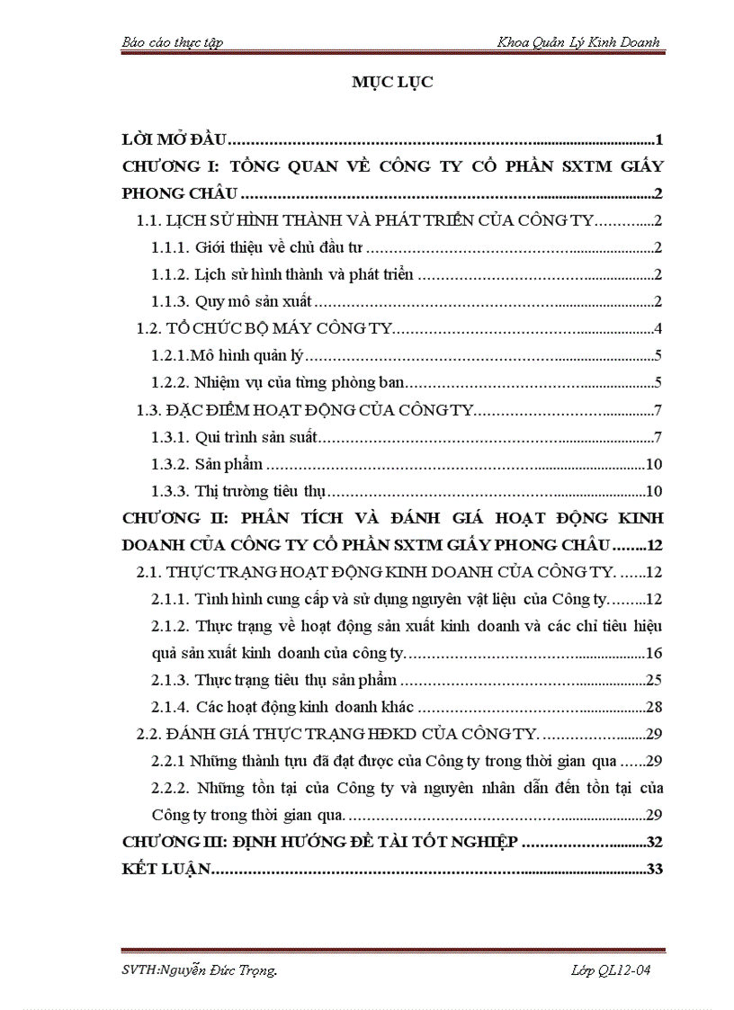 Phân tích và đánh giá hoạt động kinh doanh của Công ty Cổ phần SXTM Giấy Phong Châu 1