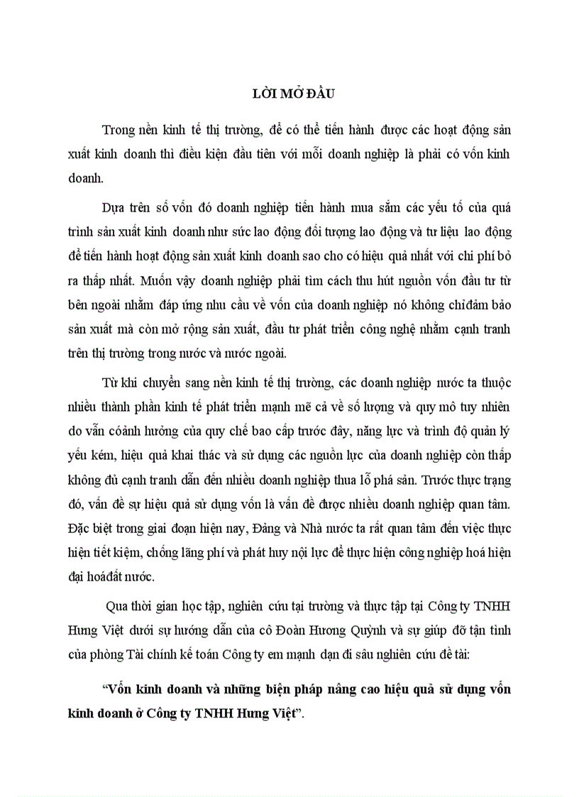 Vốn kinh doanh và những biện pháp nâng cao hiệu quả sử dụng vốn kinh doanh ở Công ty TNHH Hưng Việt