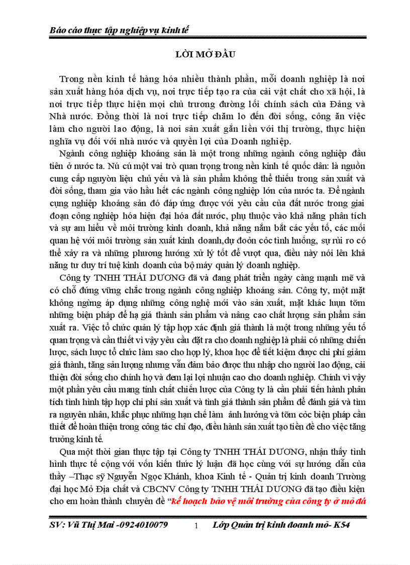 Kế hoạch bảo vệ môi trường của công ty ở mỏ đá Việt Lâm