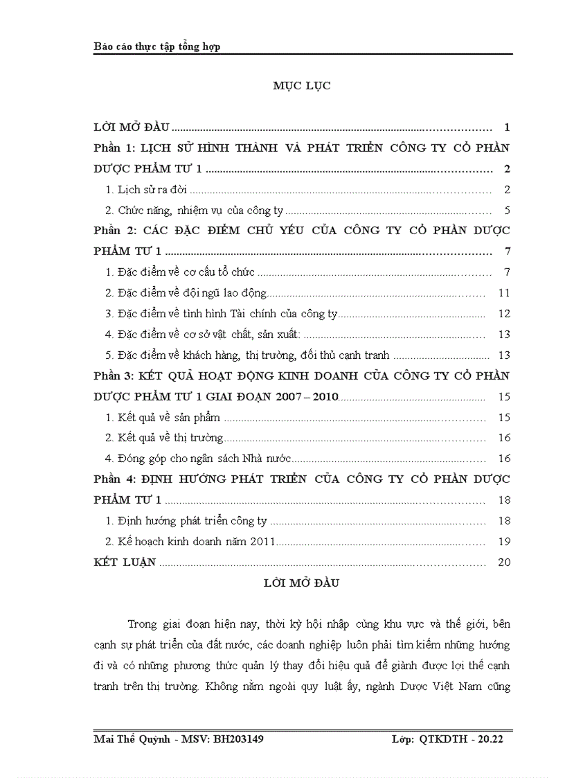 Báo cáo thực tập tổng hợp Kết quả hoạt động kinh doanh của công ty cổ phần Dược phẩm TƯ 1 giai đoạn 2007 2010