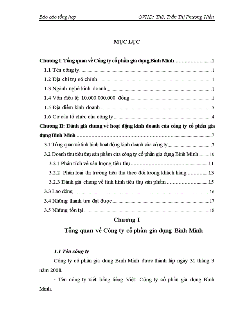 Báo cáo thực tập tổng hợp về Công ty cổ phần gia dụng Bình Minh