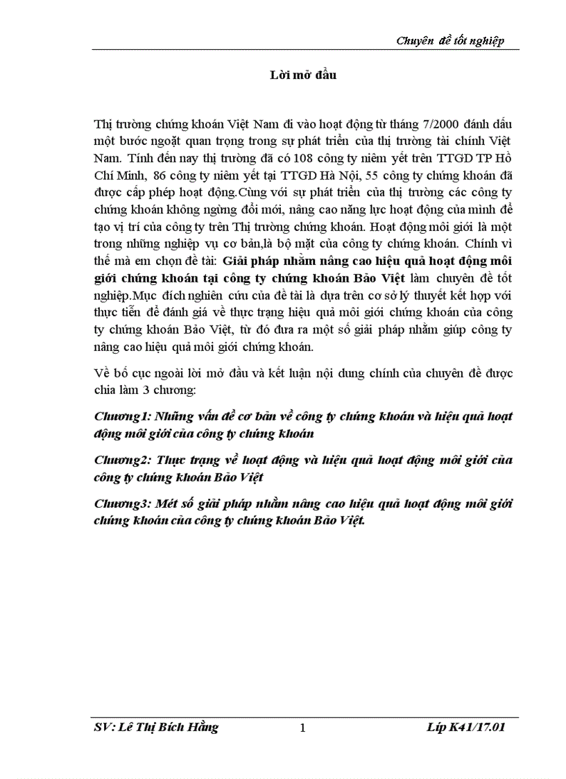 Giải pháp nhằm nâng cao hiệu quả hoạt động môi giới chứng khoán tại công ty chứng khoán Bảo Việt 1