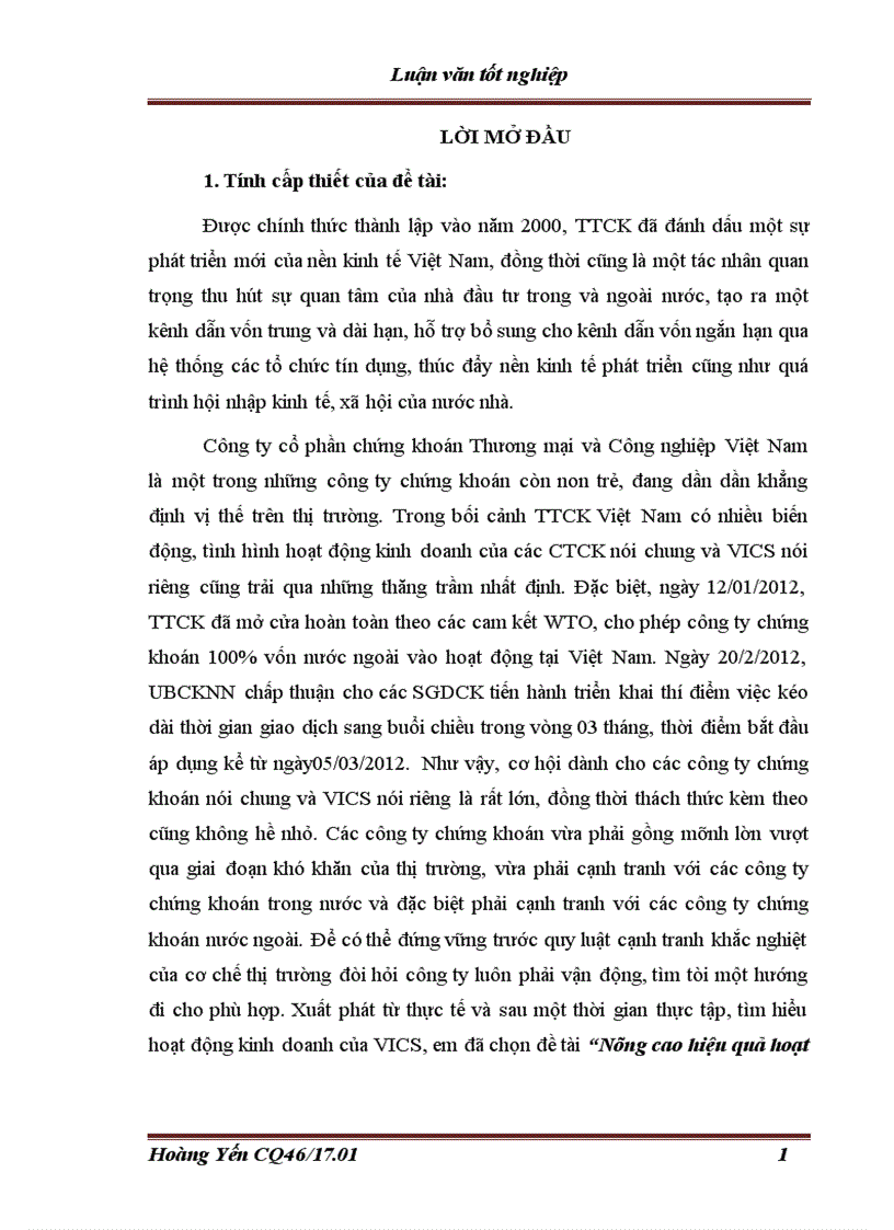 Nâng cao hiệu quả hoạt động kinh doanh của Công ty cổ phần chứng khoán Thương mại và Công nghiệp Việt Nam 1