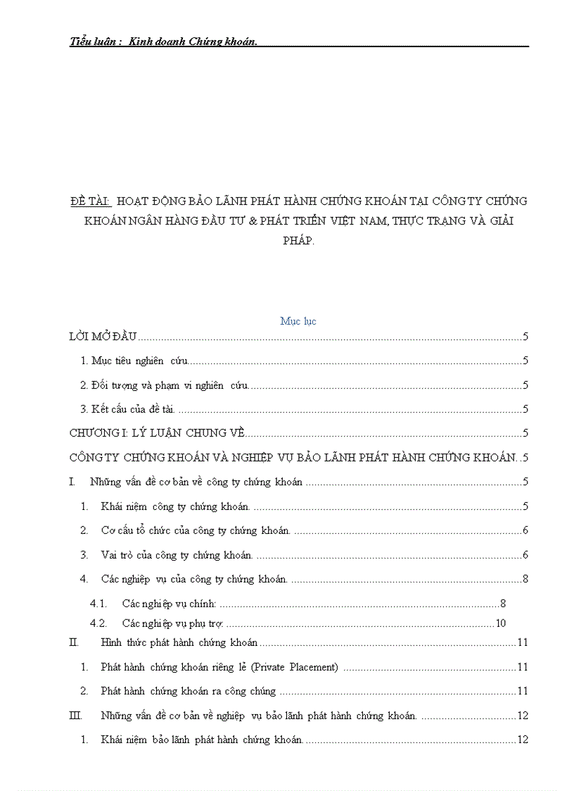 Đề tài hoạt động bảo lãnh phát hành chứng khoán tại công ty chứng khoán ngân hàng đầu tư phát triển việt nam thực trạng và giải pháp