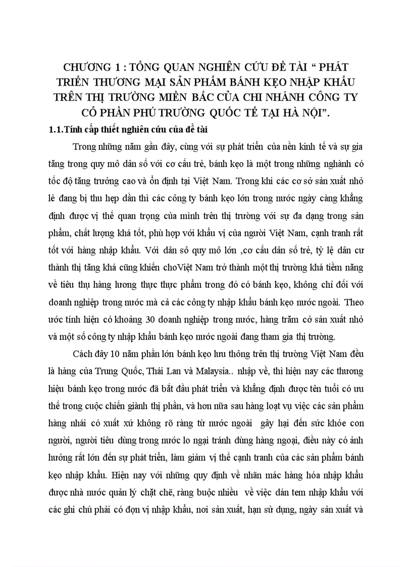 Phát triển thương mại sản phẩm bánh kẹo nhập khẩu trên thị trường miền bắc của chi nhánh công ty cổ phần phú trường quốc tế tại HÀ NỘI