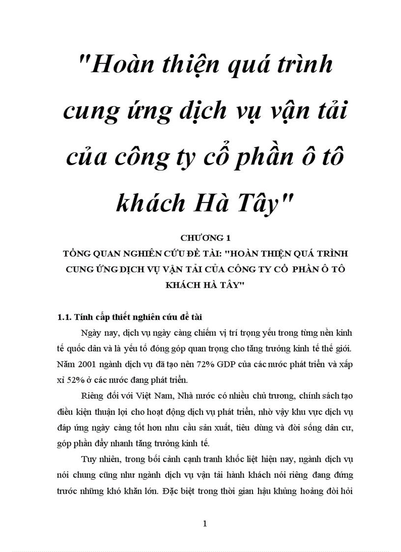 Hoàn thiện quá trình cung ứng dịch vụ vận tải của công ty cổ phần ô tô khách Hà Tây 1