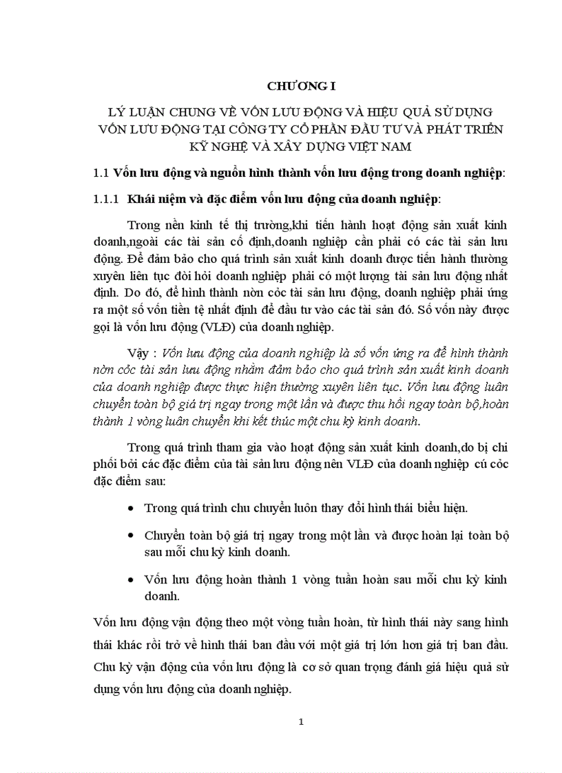 Một số giải pháp nhằm nâng cao hiệu quả sử dụng vốn lưu động tại công ty cổ phần đầu tư phát triển kỹ nghệ và xây dựng Việt Nam 1