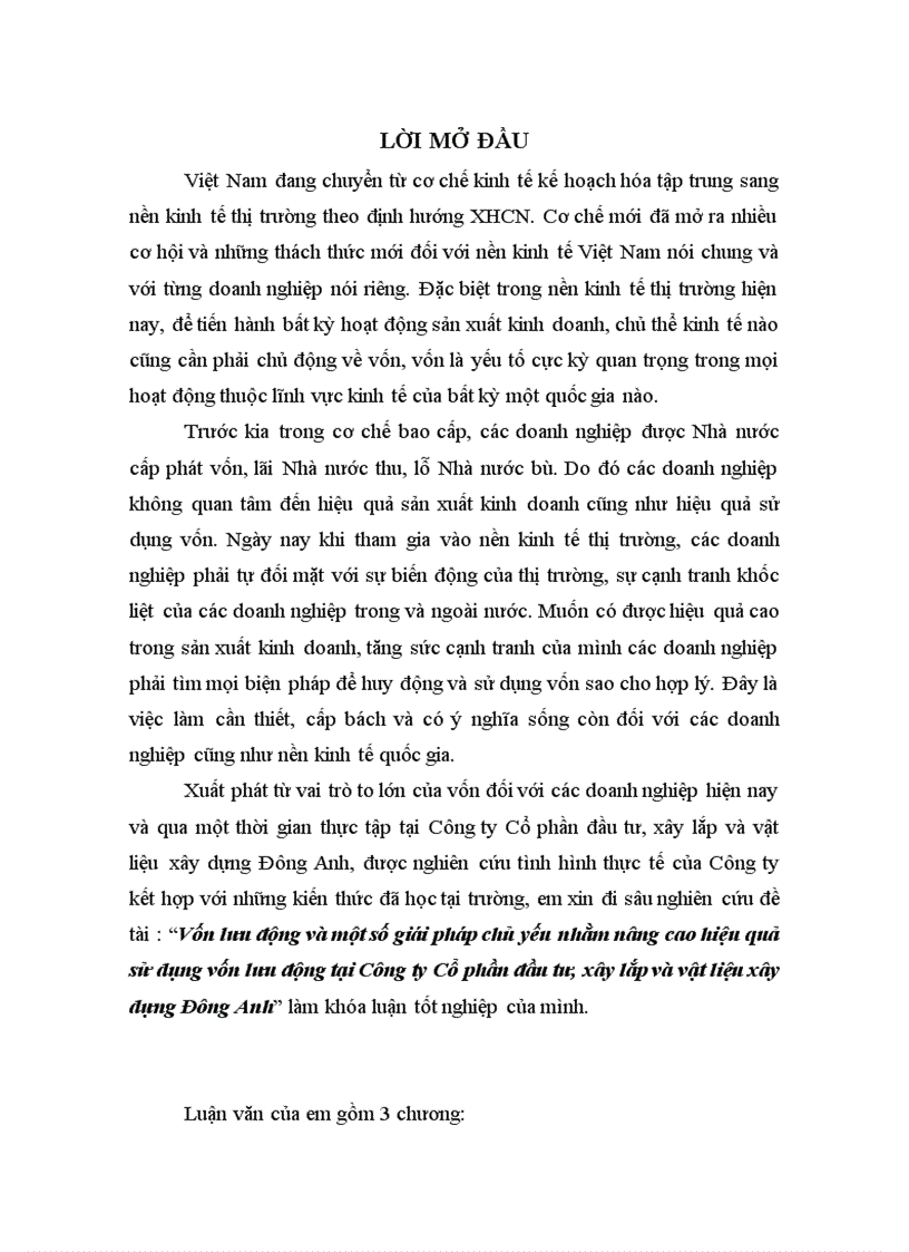 Vốn lưu động và một số giái pháp chủ yếu nhằm nâng cao hiệu quả sử dụng vốn lưu động tại Công ty Cổ phần đầu tư xây lắp và vật liệu xây dựng Đông Anh 3