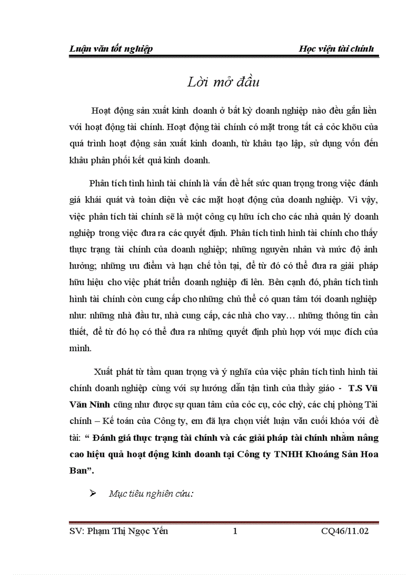 Đánh giá thực trạng tài chính và các giải pháp tài chính nhằm nâng cao hiệu quả hoạt động kinh doanh tại Công ty TNHH Khoáng Sản Hoa Ban 6