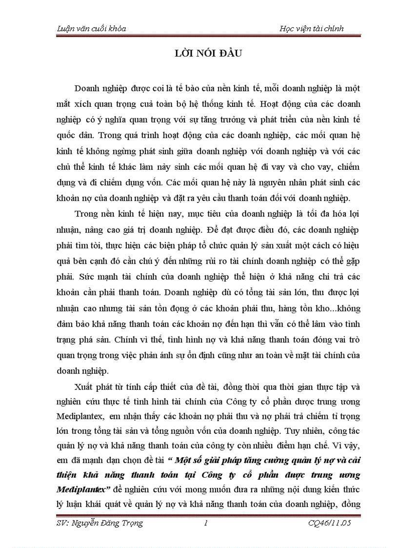 Một số giải pháp tăng cường quản lý nợ và cải thiện khả năng thanh toán tại Công ty cổ phần dược trung ương Mediplantex