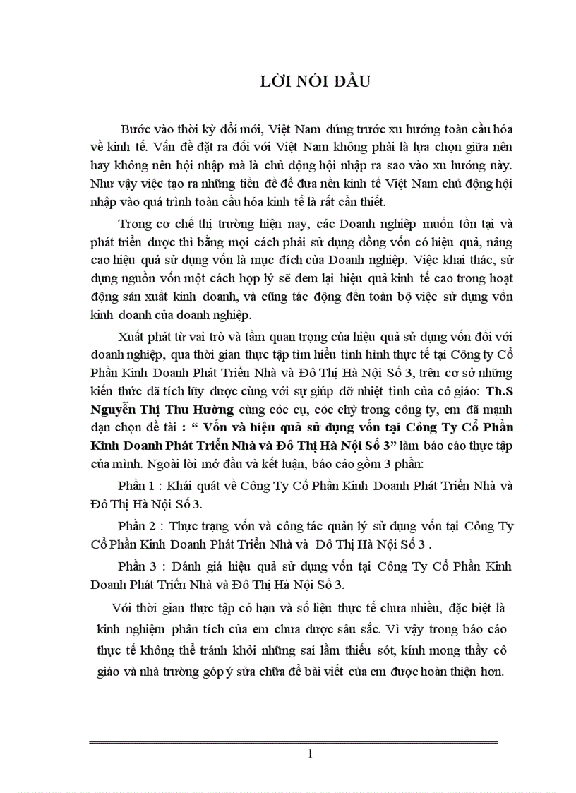 Vốn và hiệu quả sử dụng vốn tại Công Ty Cổ Phần Kinh Doanh Phát Triển Nhà và Đô Thị Hà Nội Số 3 1