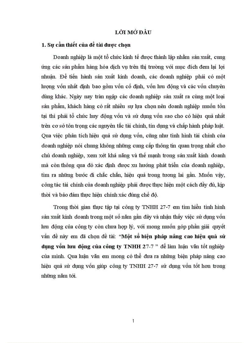 Một số biện pháp nâng cao hiệu quả sử dụng vốn lưu động của công ty TNHH 27 7 3