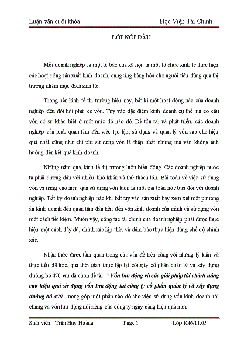 Vốn lưu động và các giải pháp tài chính nâng cao hiệu quả sử dụng vốn lưu động tại công ty cổ phần quản lý và xây dựng đường bộ 470 1