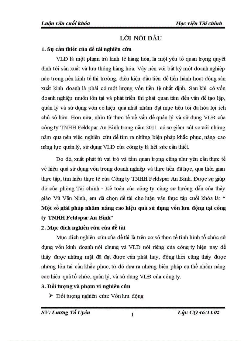 Một số giải pháp nhằm nâng cao hiệu quả sử dụng vốn lưu động tại công ty TNHH Feldspar An Bình 1