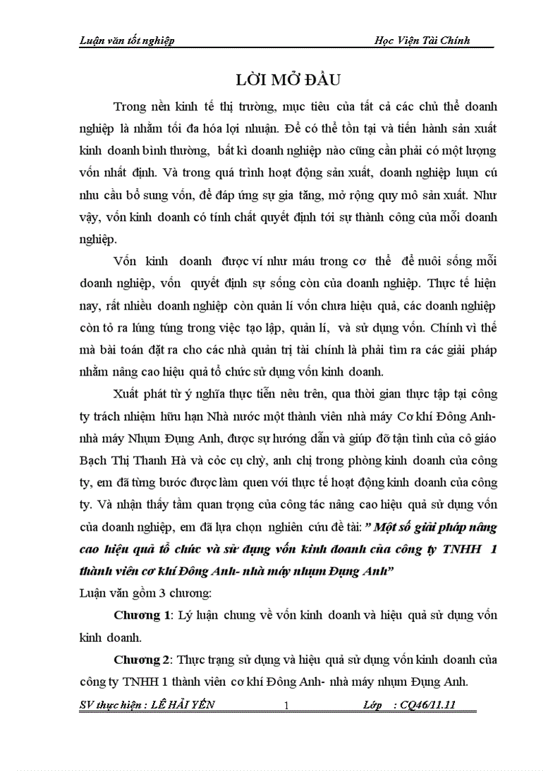 Một số giải pháp nâng cao hiệu quả tổ chức và sử dụng vốn kinh doanh của công ty TNHH 1 thành viên cơ khí Đông Anh nhà máy nhôm Đông Anh 1