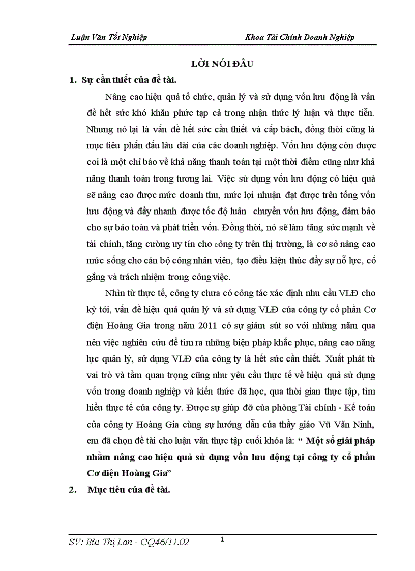 Một số giải pháp nhằm nâng cao hiệu quả sử dụng vốn lưu động tại công ty cổ phần Cơ điện Hoàng Gia 1