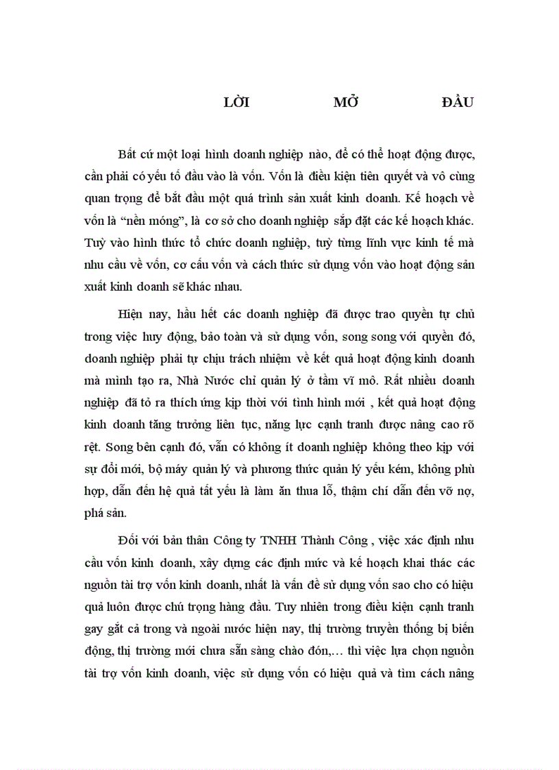 Vốn kinh doanh và một số giải pháp nâng cao hiệu quả sử dụng vốn kinh doanh tại Công ty TNHH Thành Công