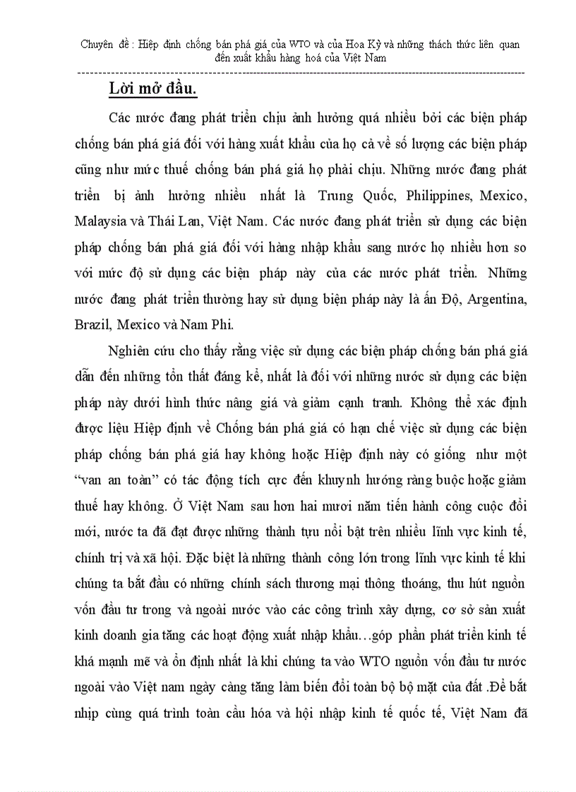 Hiệp định chống bán phá của WTO và của Hoa Kỳ và những thách thức liên quan đến xuất khẩu hàng hoá của Việt nam