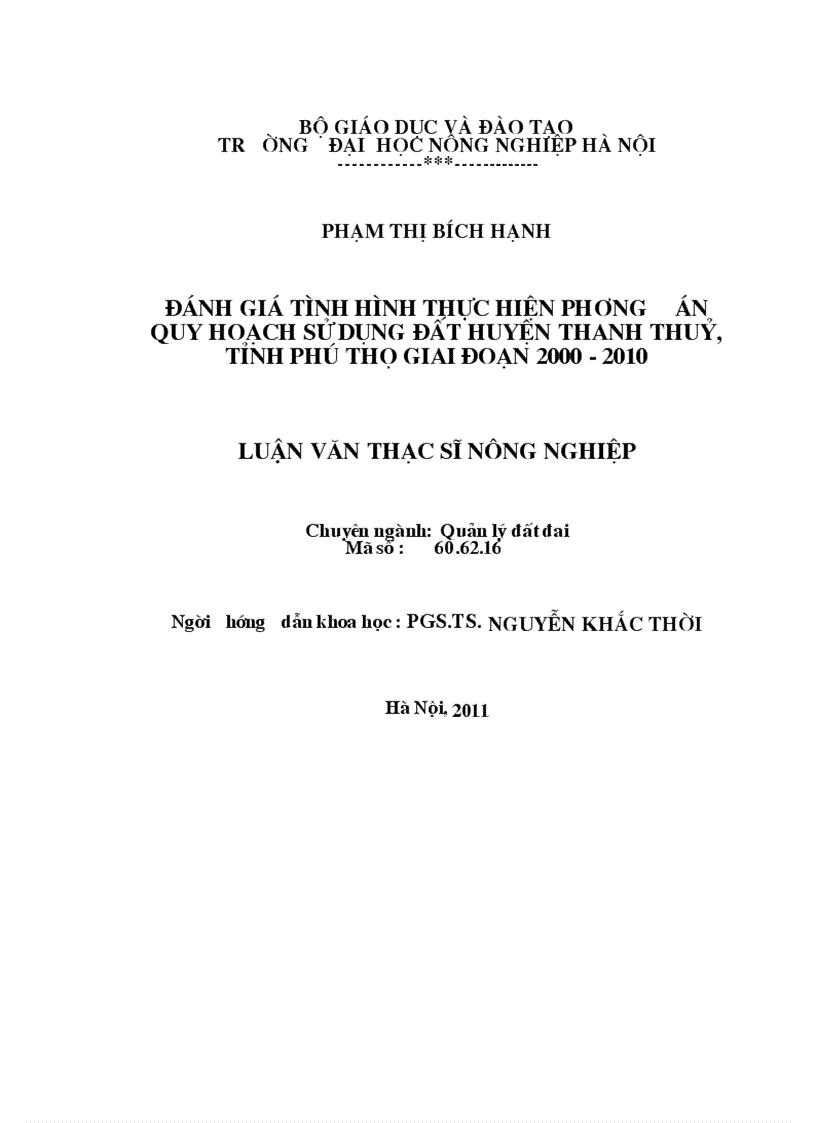 Đánh giá tình hình thực hiện phương án quy hoạch sử dụng đất huyện thanh thuỷ tỉnh Phú Thọ giai đoạn 2000 2010