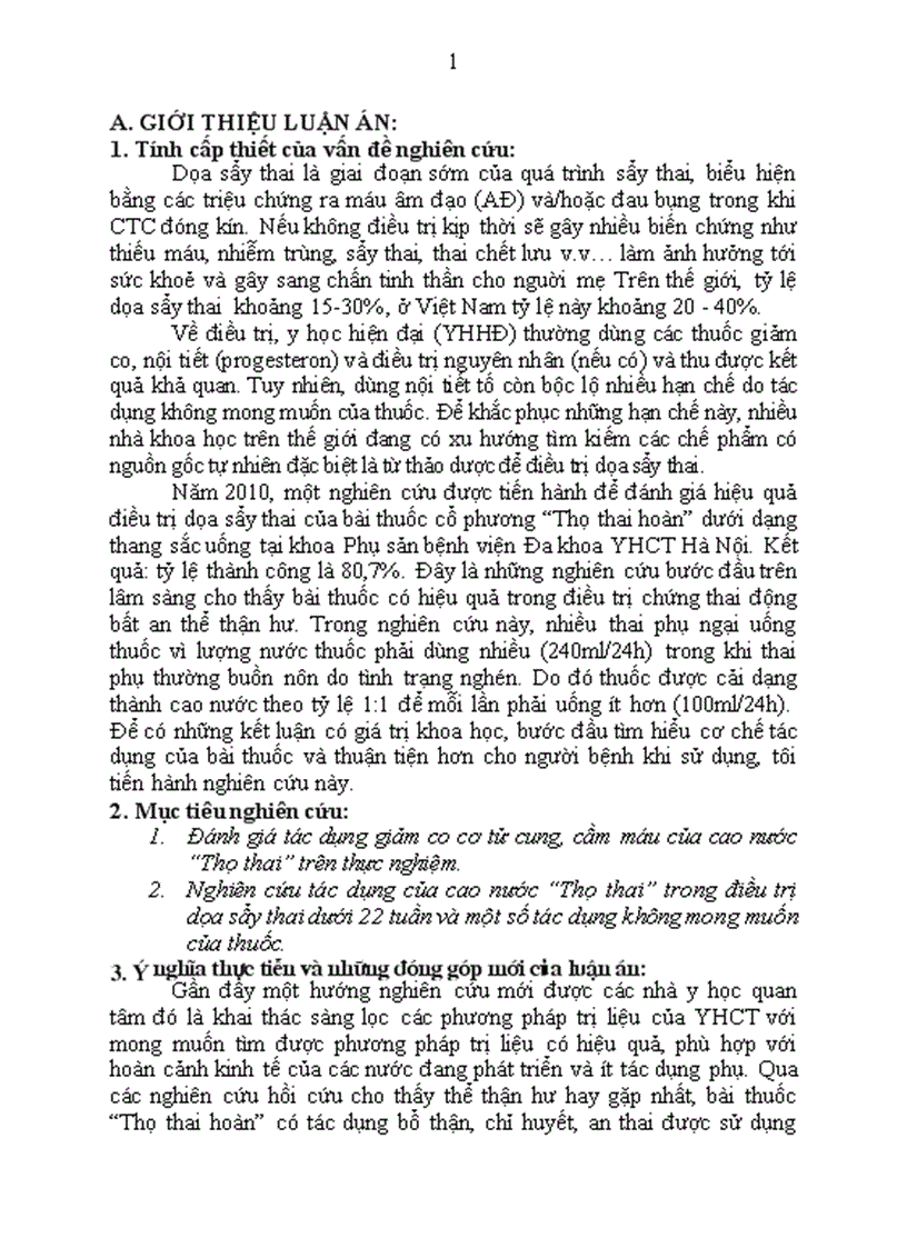 Nghiên cứu tác dụng của cao nước Thọ thai trong điều trị dọa sẩy thai dưới 22 tuần và một số tác dụng không mong muốn của thuốc 1