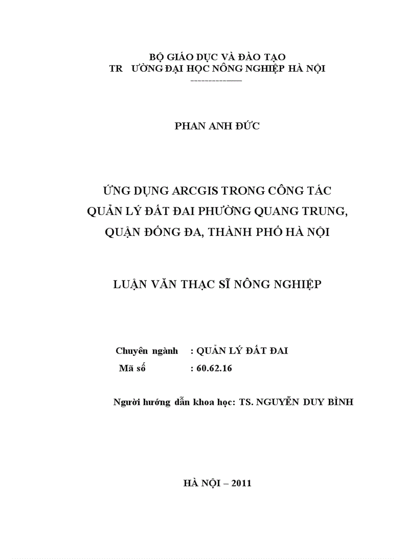 Ứng dụng arcgis trong công tác quản lý đất đai phường quang trung quận đống đa thành phố hà nội