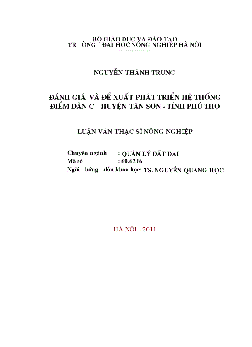 Đánh giá và đề xuất phát triển hệ thống điểm dân cư huyện tân sơn tỉnh phú thọ