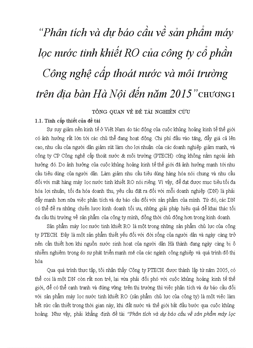Phân tích và dự báo cầu về sản phẩm máy lọc nước tinh khiết RO của công ty cổ phần Công nghệ cấp thoát nước và môi trường trên địa bàn Hà Nội đến năm 2015 5