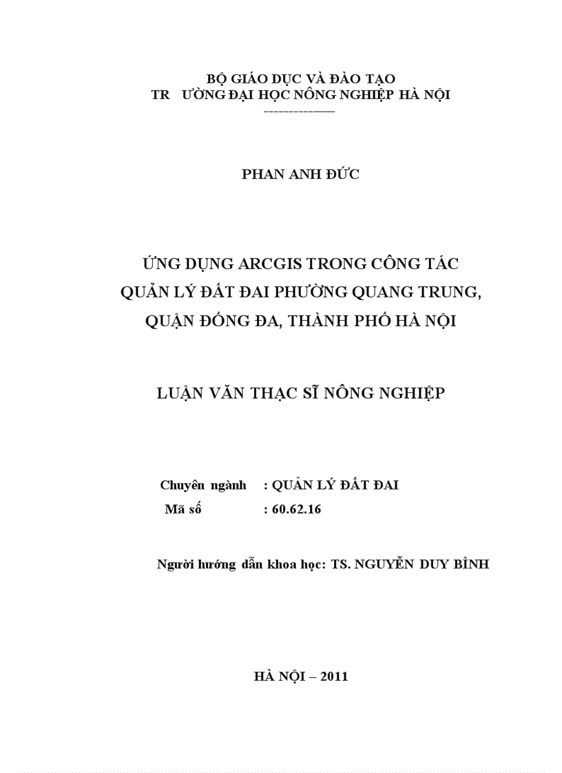 Ứng dụng arcgis trong công tác quản lý đất đai phường quang trung quận đống đa thành phố hà nội 1