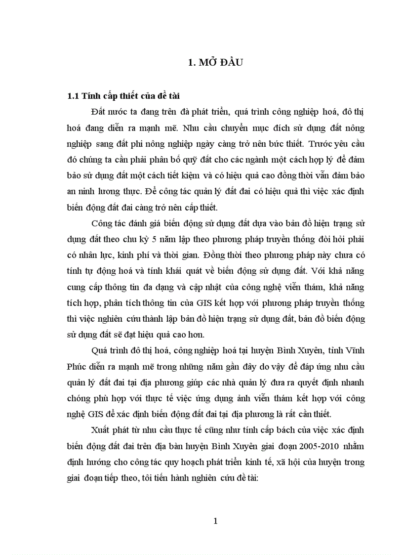 Ứng dụng ảnh viễn thám và hệ thống thông tin địa lý GIS để xác định biến động đất đai trên địa bàn huyện Bình Xuyên tỉnh Vĩnh Phúc giai đoạn 2005 2010