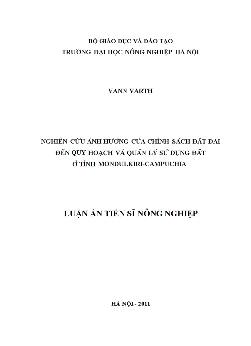 Nghiên cứu ảnh hưởng của chính sách đất đai đến quy hoạch và quản lý sử dụng đất ở tỉnh mondulkiri campuchia