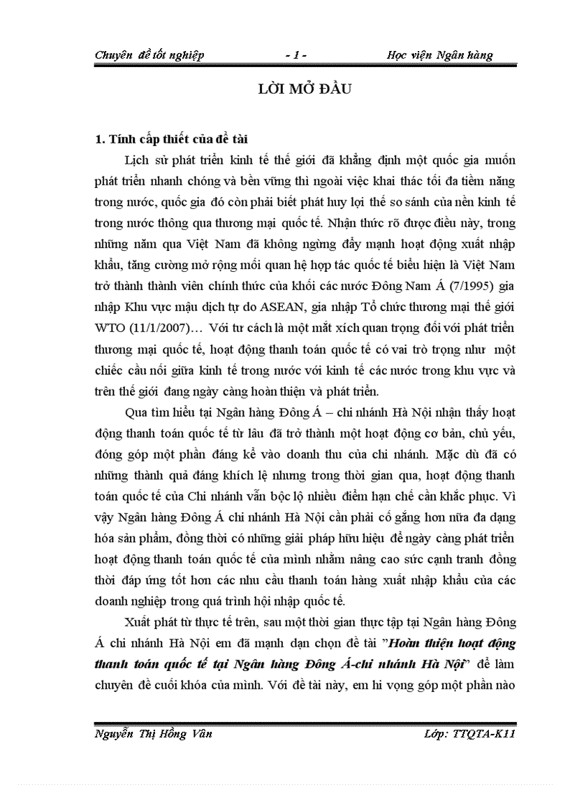 Hoàn thiện hoạt động thanh toán quốc tế tại Ngân hàng Đông Á chi nhánh Hà Nội