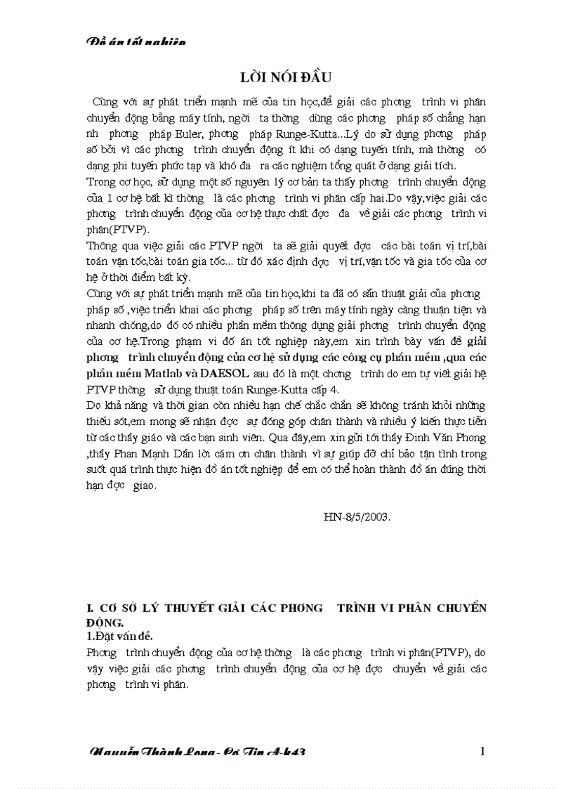 Giải phương trình chuyển động của cơ hệ sử dụng các công cụ phần mềm qua các phần mềm Matlab và DAESOL