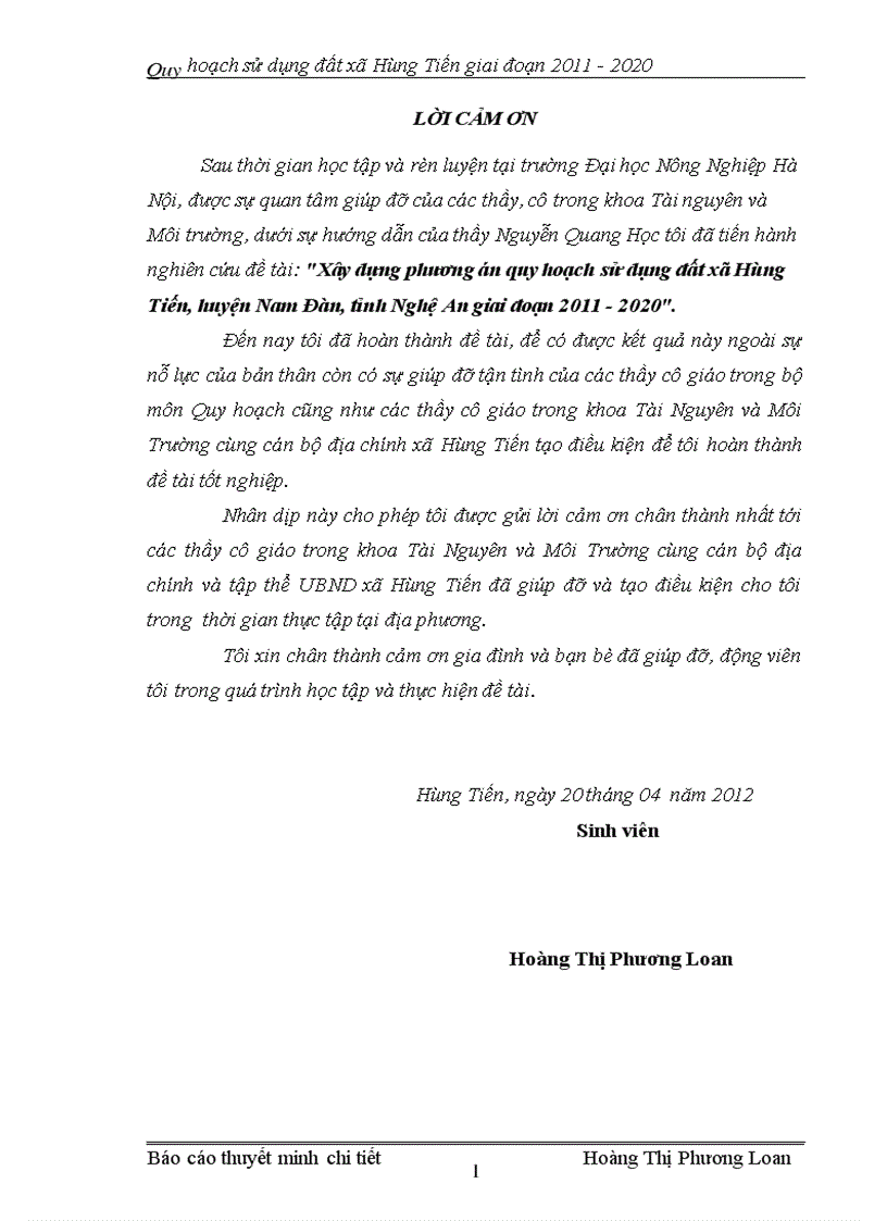 Xây dựng phương án quy hoạch sử dụng đất xã Hùng Tiến huyện Nam Đàn tỉnh Nghệ An giai đoạn 2011 2020