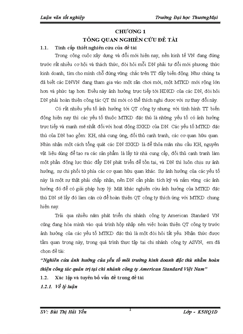 Nghiên cứu ảnh hưởng của yếu tố môi trường kinh doanh đặc thù nhằm hoàn thiện công tác quản trị tại chi nhánh công ty American Standard Việt Nam 1