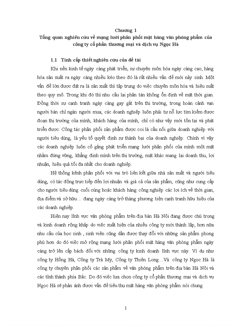 Hoàn thiện mạng lưới phân phối mặt hàng văn phòng phẩm trên thị trường Hà Nội của công ty cổ phần thương mại và dịch vụ Ngọc Hà 1