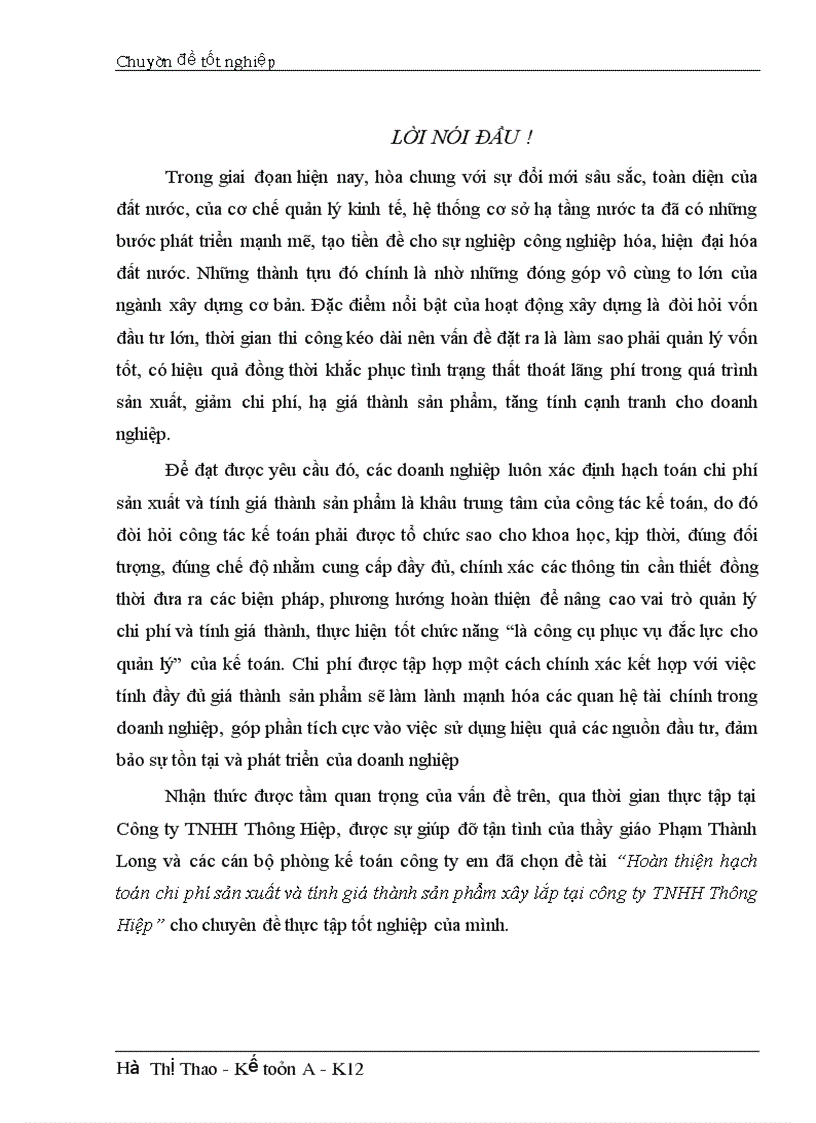 Chi phí sản xuất và tính giá sản phẩm xây lắp công ty Thông Hiệp