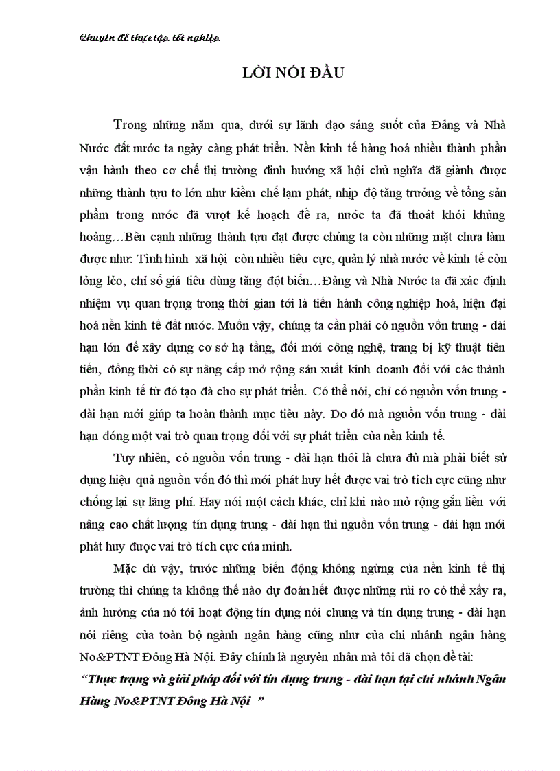 Thực trạng và giải pháp đối với tín dụng trung - dài hạn tại chi nhánh Ngân Hàng No&PTNT Đông Hà Nội