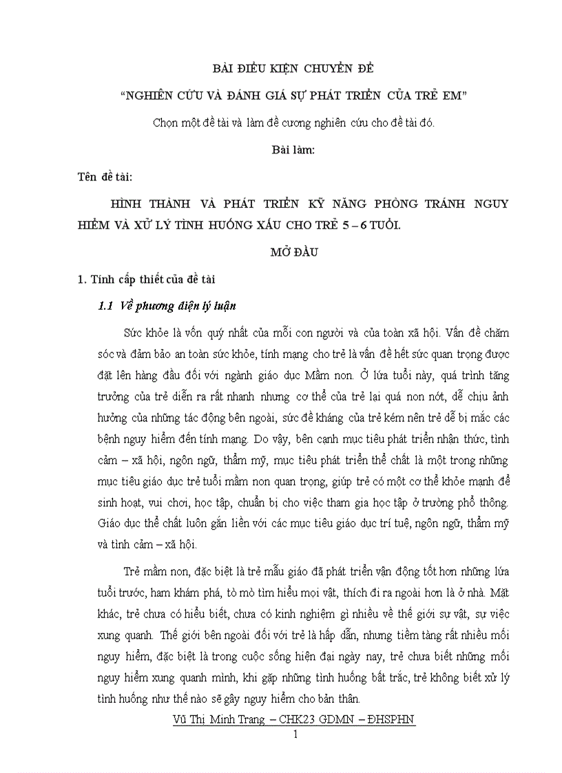 Đề cương chi tiết "HÌNH THÀNH VÀ PHÁT TRIỂN KỸ NĂNG PHÒNG TRÁNH NGUY HIỂM VÀ XỬ LÝ TÌNH HUỐNG XẤU CHO TRẺ 5 – 6 TUỔI"