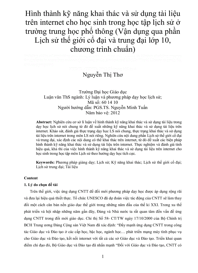 Hình thành kỹ năng khai thác và sử dụng tài liệu  trên internet cho học sinh trong học tập lịch sử ở trường trung học phổ thông