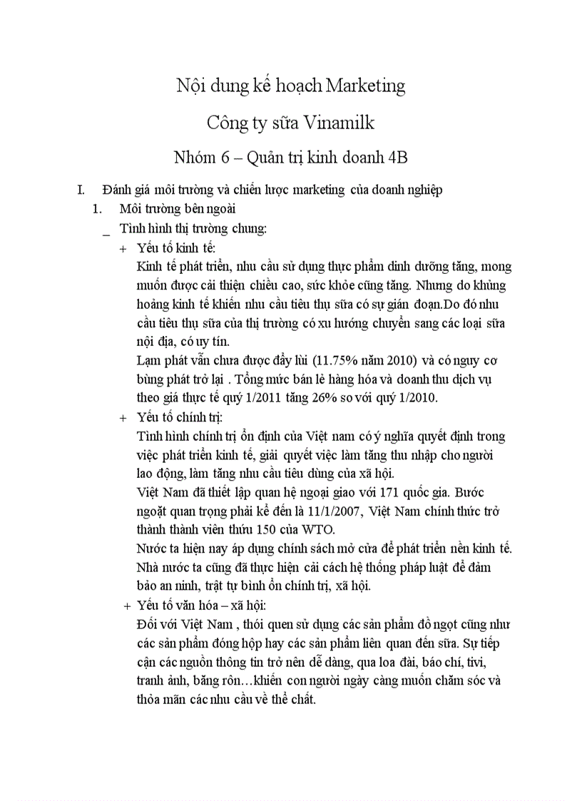 Kế hoạch Marketing sản phẩm sữa tươi Vinamilk