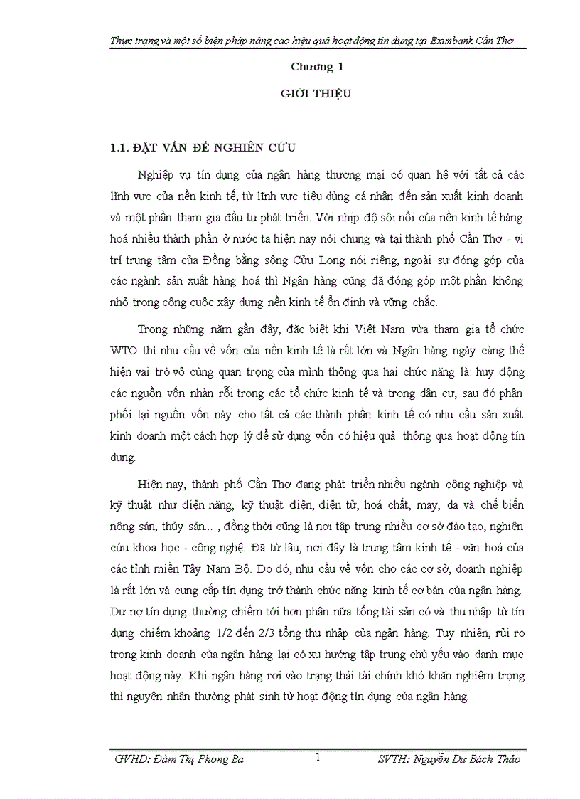 Phân tích thực trạng và một số biện pháp nâng cao hiệu quả hoạt động tín dụng tại Chi nhánh Ngân hàng Exim-bank, Thành Phố Cần Thơ