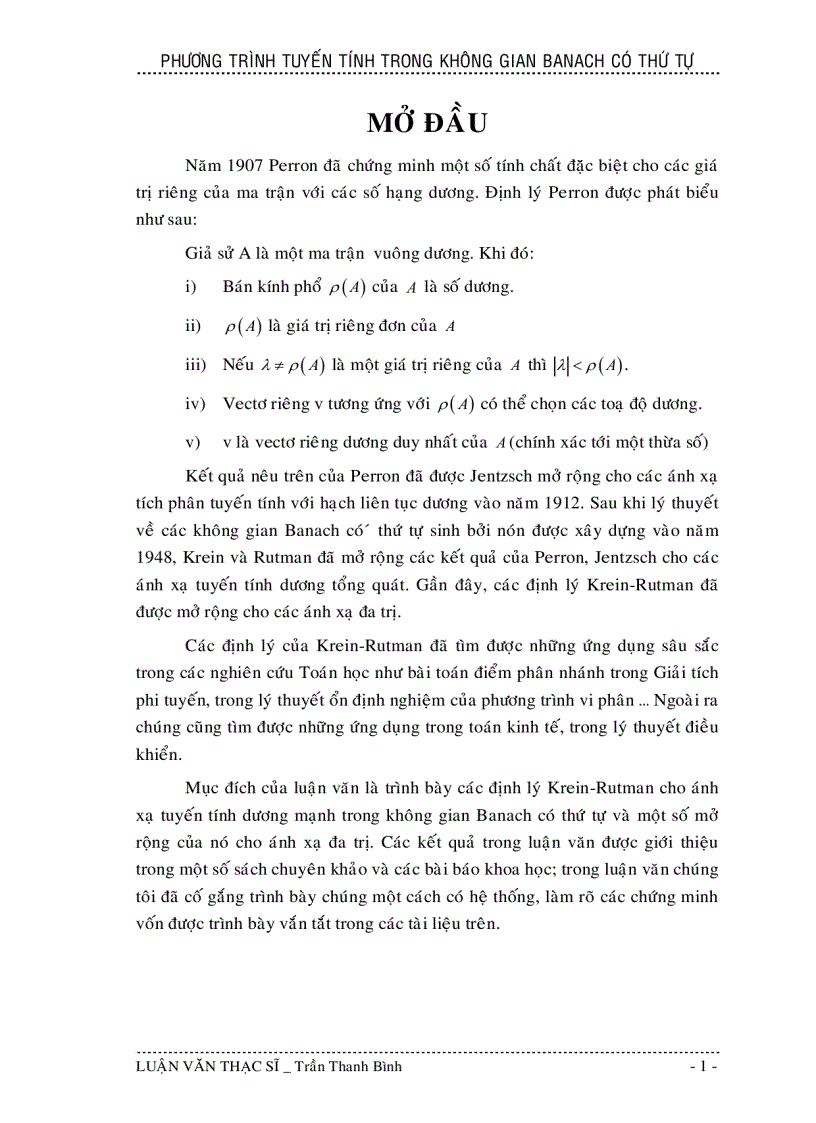 Phương trình tuyến tính trong không gian banach có thứ tự