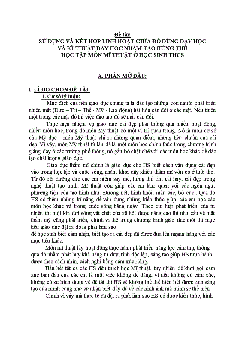 SỬ DỤNG VÀ KẾT HỢP LINH HOẠT GIỬA ĐỒ DÙNG DẠY HỌC  VÀ KĨ THUẬT DẠY HỌC NHẰM TẠO HỨNG THÚ  HỌC TẬP MÔN MĨ THUẬT Ở HỌC SINH THCS