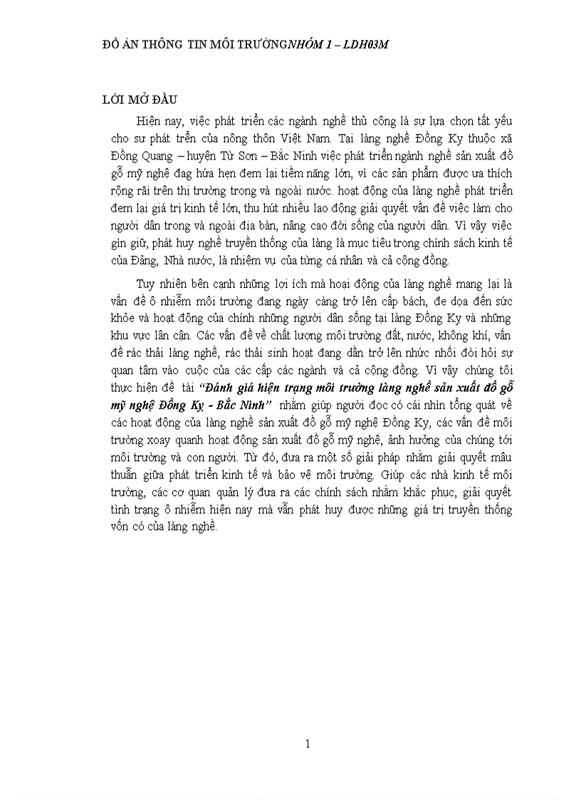Đánh giá hiện trạng môi trường làng nghề đồ gỗ mỹ nghệ Đồng Kỵ - Bắc Ninh