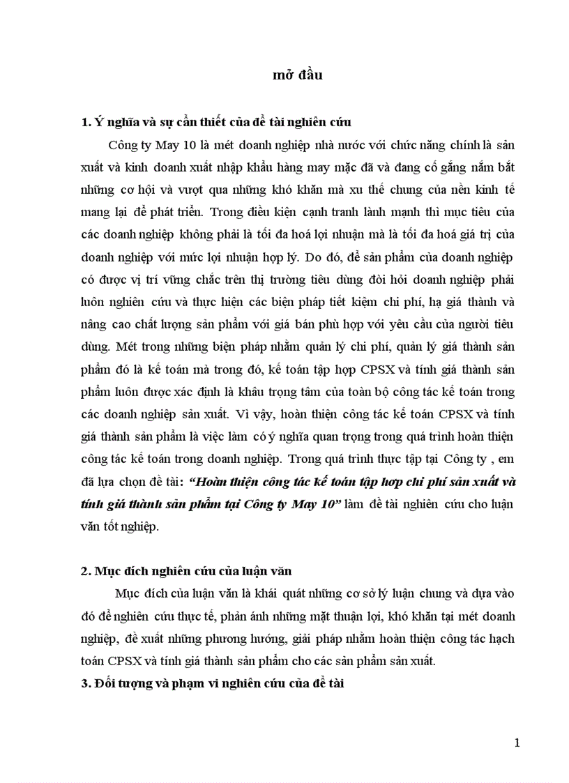 Hoàn thiện công tác kế toán tập hơp chi phí sản xuất và tính giá thành sản phẩm tại Công ty May 10