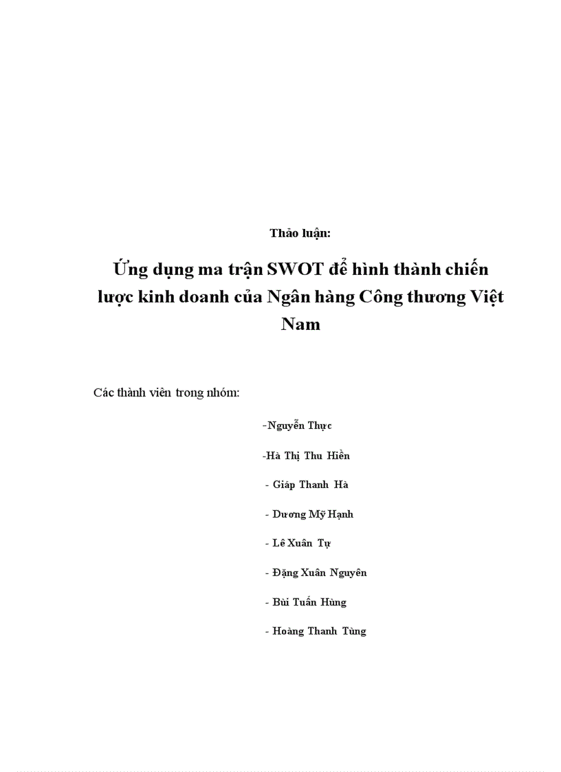 Ứng dụng ma trận SWOT để hình thành chiến lược kinh doanh của Ngân hàng Công thương Việt Nam