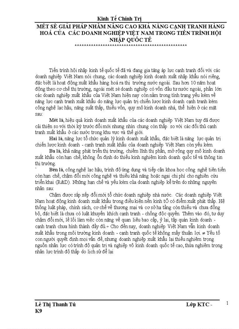 Một số giải pháp nhằm nâng cao khả năng cạnh tranh hàng hoá của các doanh nghiệp việt nam trong tiến trình hội nhập quốc tế